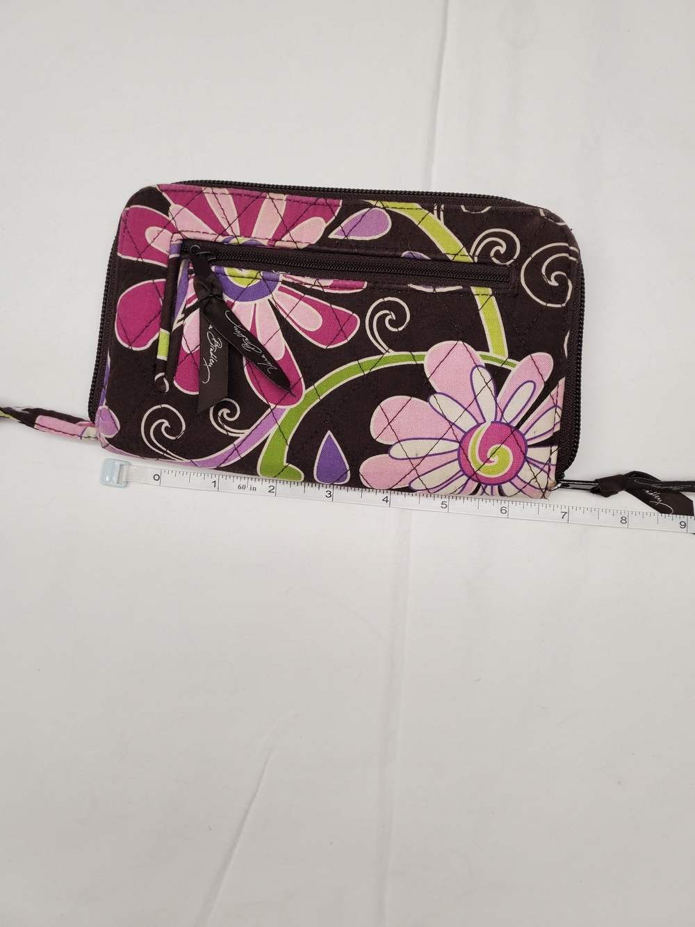 Vera Bradley Floral Zip Around Wallet Brown Pink Quilted Organizer Clutch